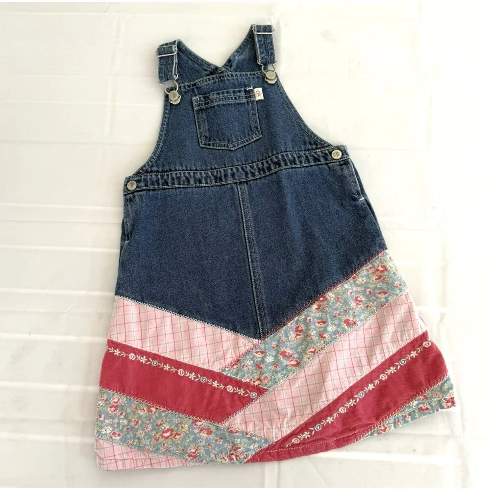 VTG Gymboree Jumper Dress XL 6Y Denim Floral Plaid Corduroy Quilted Overall Y2K